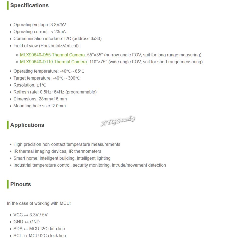 MLX90640 IR Array Thermal Imaging Camera 32×24 Pixels 110° Field of View I2C Interface 3.3V/5V Compatible with Raspberry Pi (ESP32) STM32 @XYGStudy (MLX90640-D110 Thermal Camera)