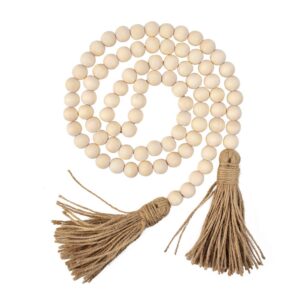 hagao farmhouse beads, natural wood bead garland rustic country beads with tassles wall hanging décor 57"