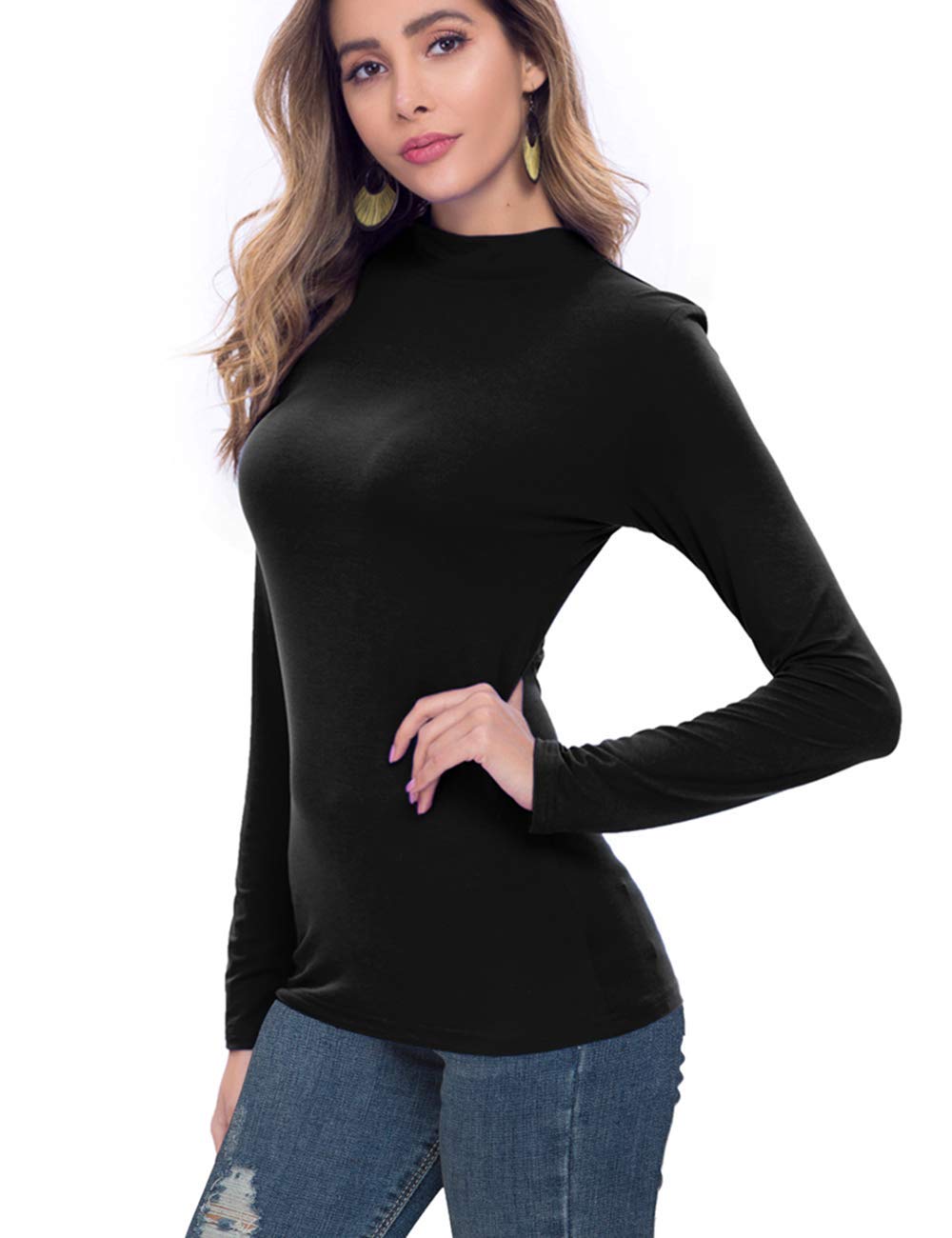 VOBCTY Women Long Sleeve Turtleneck Casual Base Layer Slim Fitted Mock Neck T-Shirts Black Medium