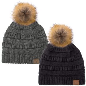 c.c hat-43 thick warm cap hat skully faux fur pom pom cable knit beanie 2 pack black/dk melange