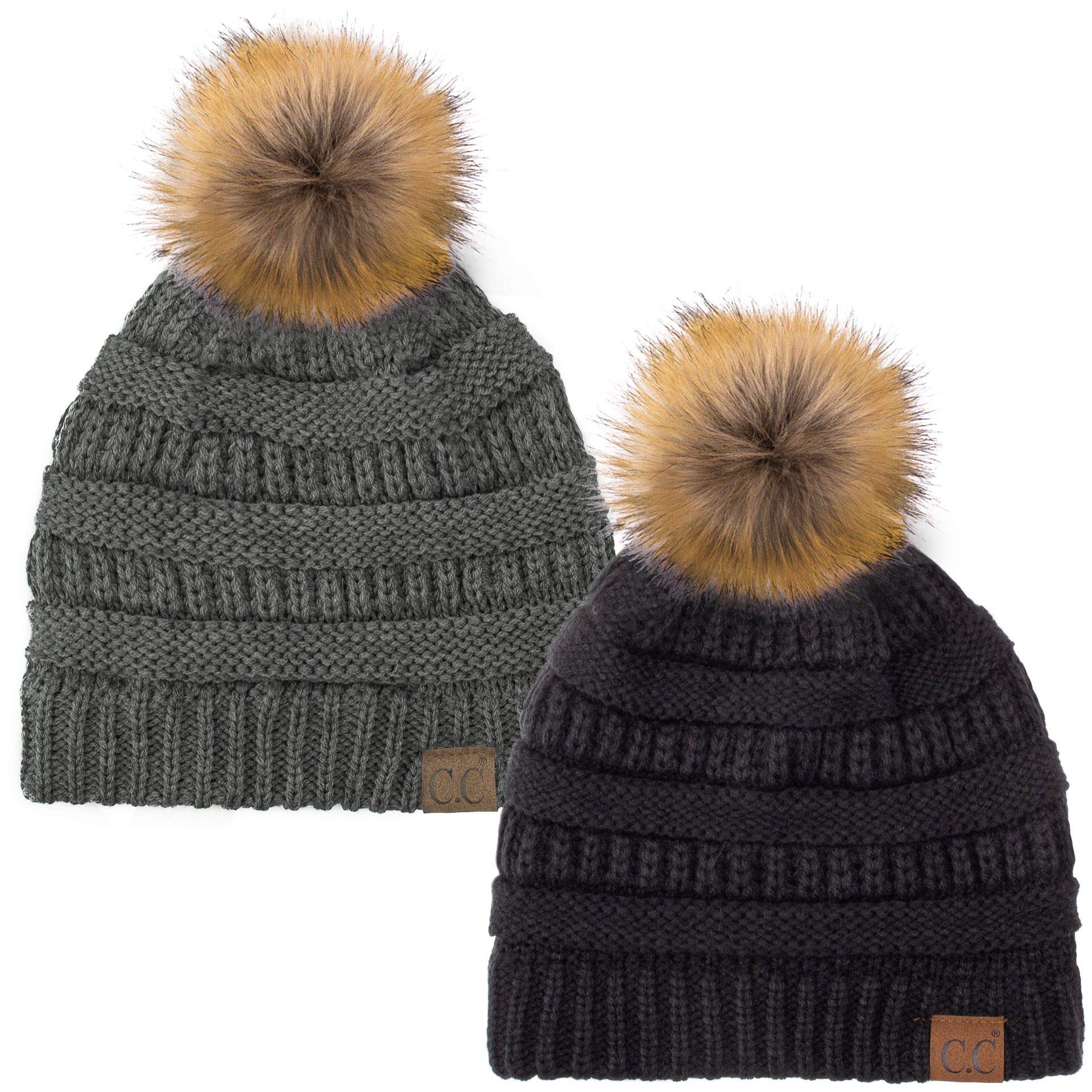 C.C Hat-43 Thick Warm Cap Hat Skully Faux Fur Pom Pom Cable Knit Beanie 2 Pack Black/Dk Melange