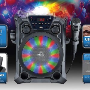 iHome Karaoke Machine with Bluetooth Speaker and Wired Microphone Designed for Kids and Adults, Includes USB Recording Feature and Party Lights