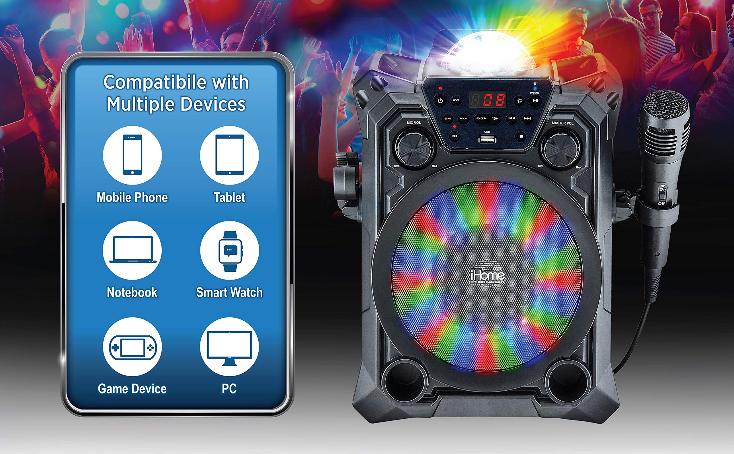 iHome Karaoke Machine with Bluetooth Speaker and Wired Microphone Designed for Kids and Adults, Includes USB Recording Feature and Party Lights