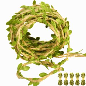 Naidiler 196 Ft Green Leaf Ribbon Jute Burlap Twine Vine with Artificial Leaves for Safari Decor Baby Shower Jungle Decor and DIY Wreath Wraping Craft