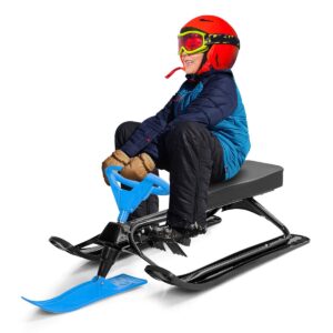 costzon snow racer sled, ski sled with steering wheel & twin brakes, durable steel frame, great weight capacity of 220 lbs, classic downhill steerable sled for kids teenagers adult (blue)