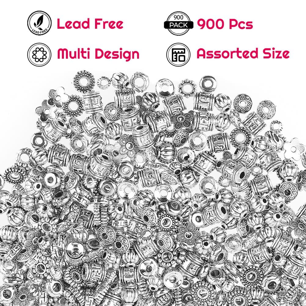 Cridoz Metal Spacer Beads for Making Bracelet, Necklace, Jewelry Making and Findings Accessories, 900Pcs, Silver