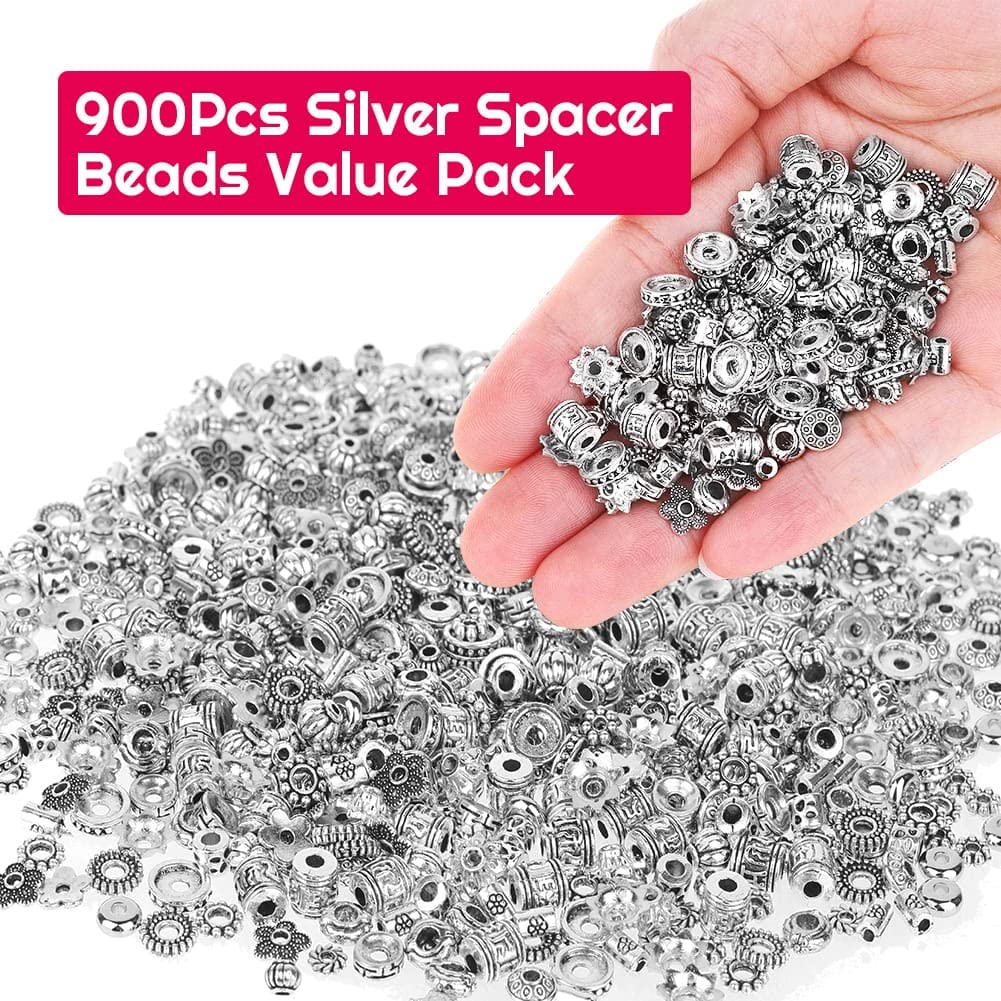 Cridoz Metal Spacer Beads for Making Bracelet, Necklace, Jewelry Making and Findings Accessories, 900Pcs, Silver