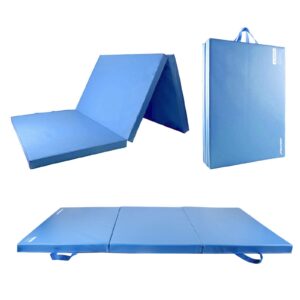 ritfit upgraded tri-fold folding thick exercise mat 6’x3’ with carrying handles for mma, gymnastics, stretching, core workouts (sky blue(3' x 6'))