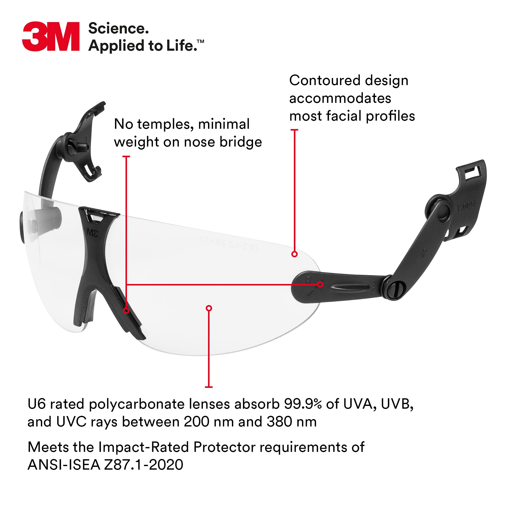 3M Safety Glasses, ANSI Z87, Anti-Fog Clear Lens, Attaches to Hard Hat Suspension