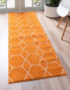 unique loom trellis frieze collection area rug - geometric (2' x 6' 1" runner, orange/ ivory)