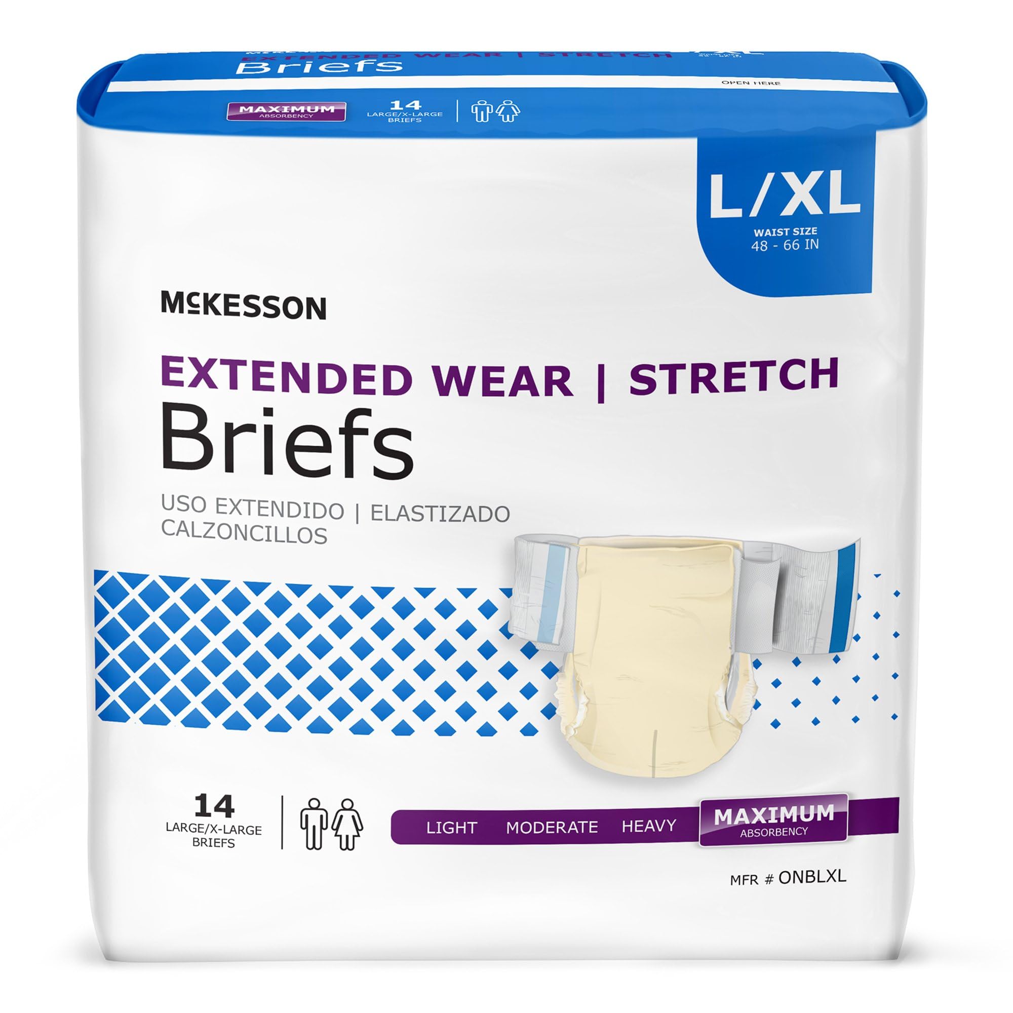 McKesson Extended Wear Stretch Briefs, Incontinence, Maximum Absorbency, Large, 14 Count, 4 Packs, 56 Total