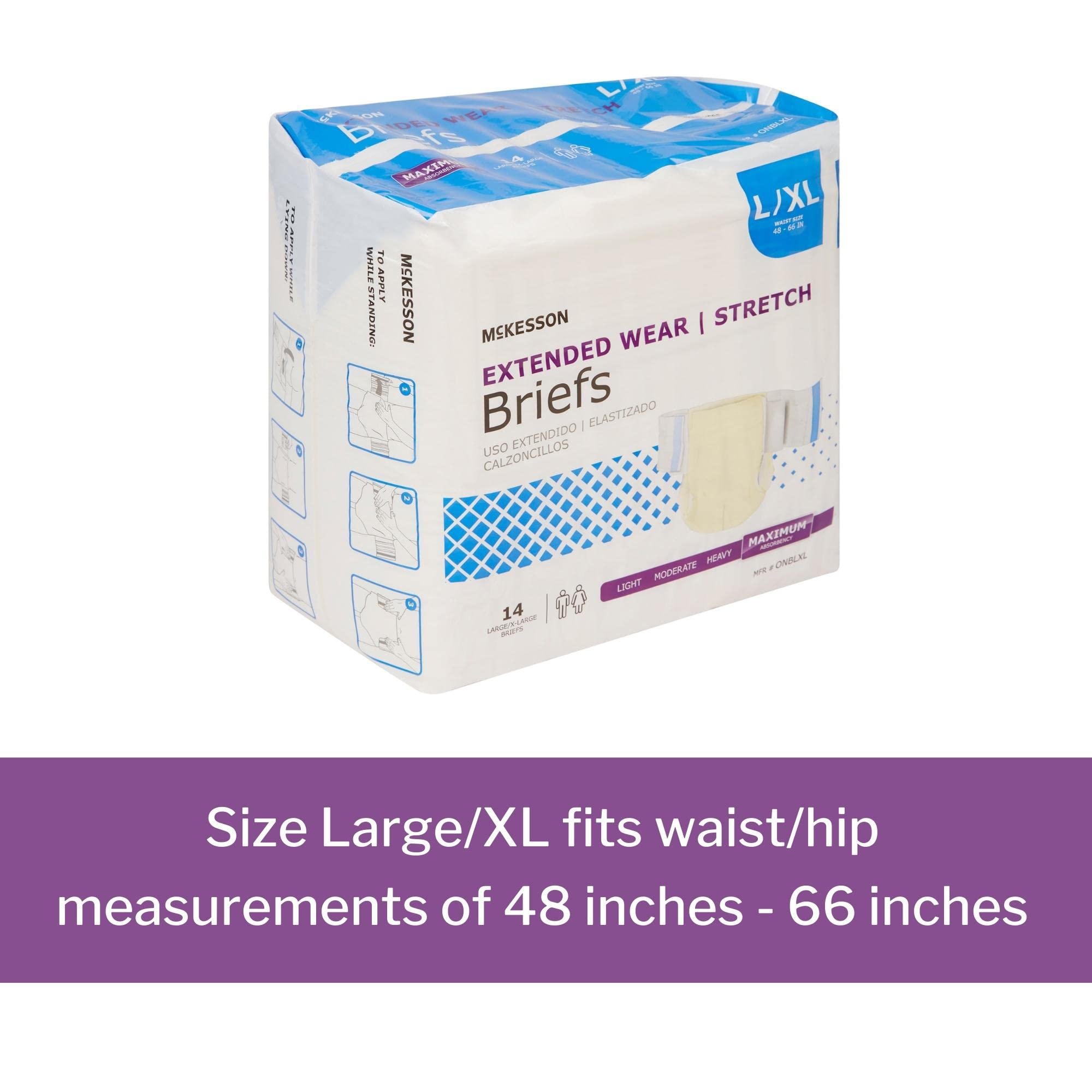 McKesson Extended Wear Stretch Briefs, Incontinence, Maximum Absorbency, Large, 14 Count, 4 Packs, 56 Total