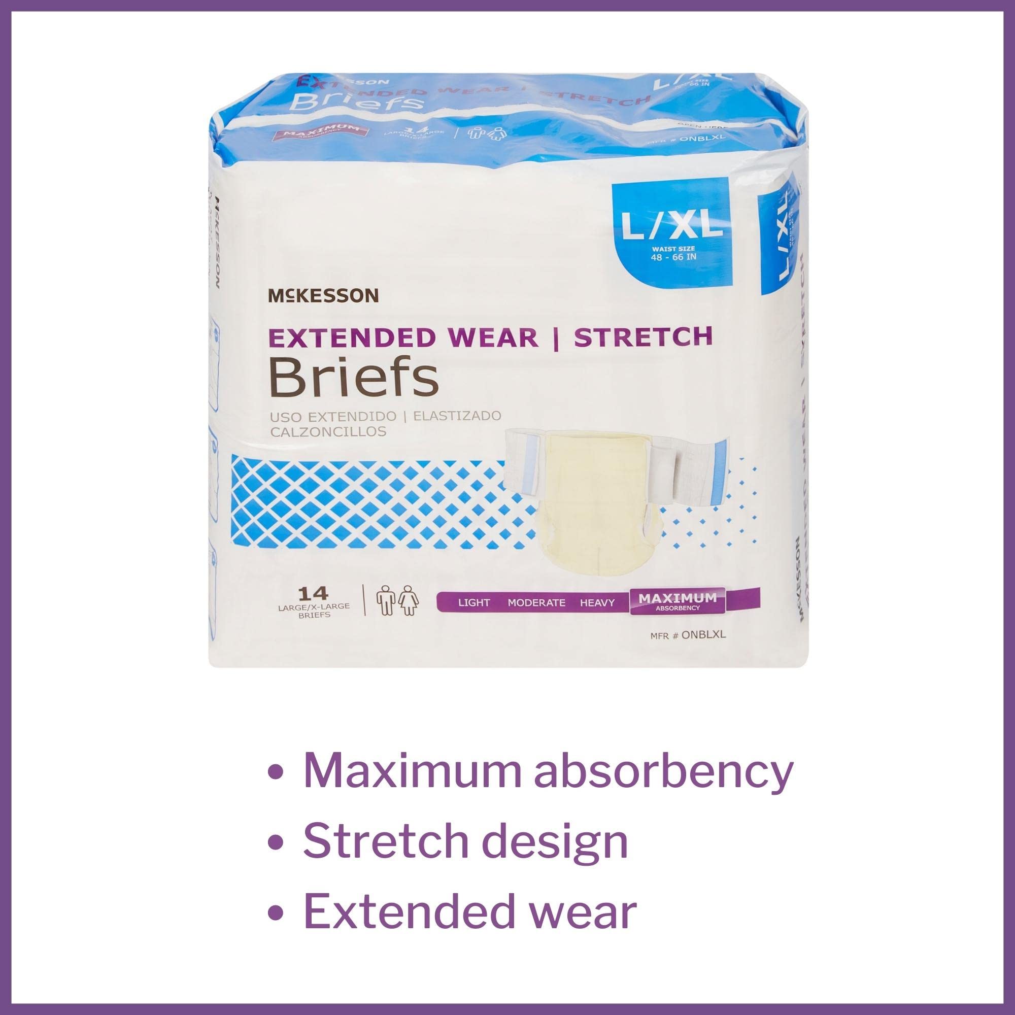 McKesson Extended Wear Stretch Briefs, Incontinence, Maximum Absorbency, Large, 14 Count, 4 Packs, 56 Total