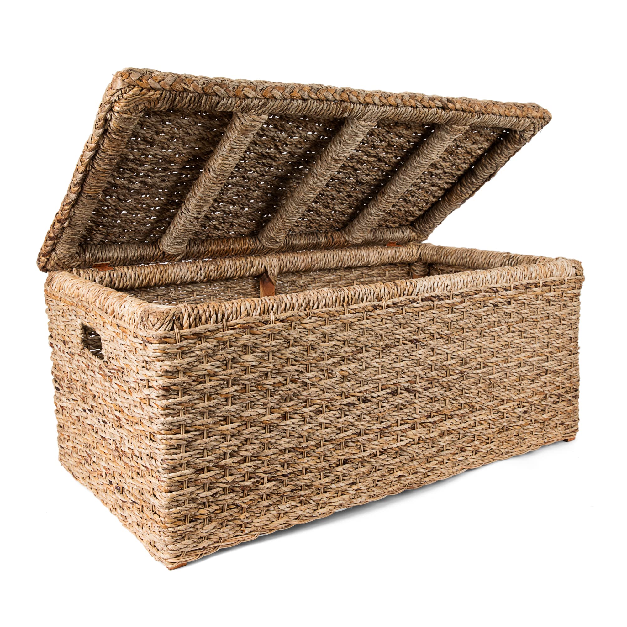 Wholestory Collective Handwoven Wicker 35" Banana Leaf Rattan Storage Trunk and Chest Seagrass XL Organizers with Lid, Natural Color with Handles