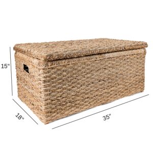 Wholestory Collective Handwoven Wicker 35" Banana Leaf Rattan Storage Trunk and Chest Seagrass XL Organizers with Lid, Natural Color with Handles