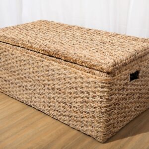 Wholestory Collective Handwoven Wicker 35" Banana Leaf Rattan Storage Trunk and Chest Seagrass XL Organizers with Lid, Natural Color with Handles