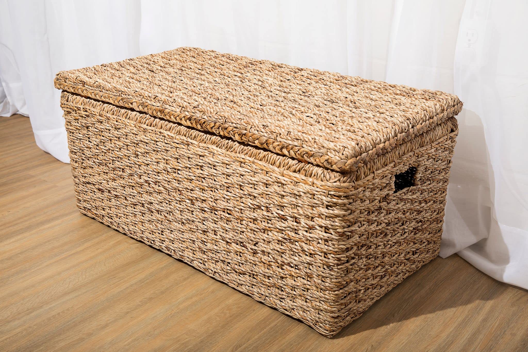 Wholestory Collective Handwoven Wicker 35" Banana Leaf Rattan Storage Trunk and Chest Seagrass XL Organizers with Lid, Natural Color with Handles