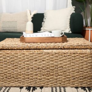 Wholestory Collective Handwoven Wicker 35" Banana Leaf Rattan Storage Trunk and Chest Seagrass XL Organizers with Lid, Natural Color with Handles