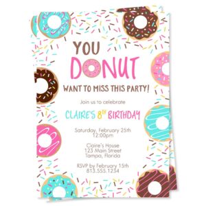 donut birthday party invitations doughnut wanna miss this party invites sprinkles adults kids 30th 40th 50th retirement shower custom printed customized personalized (12 count)