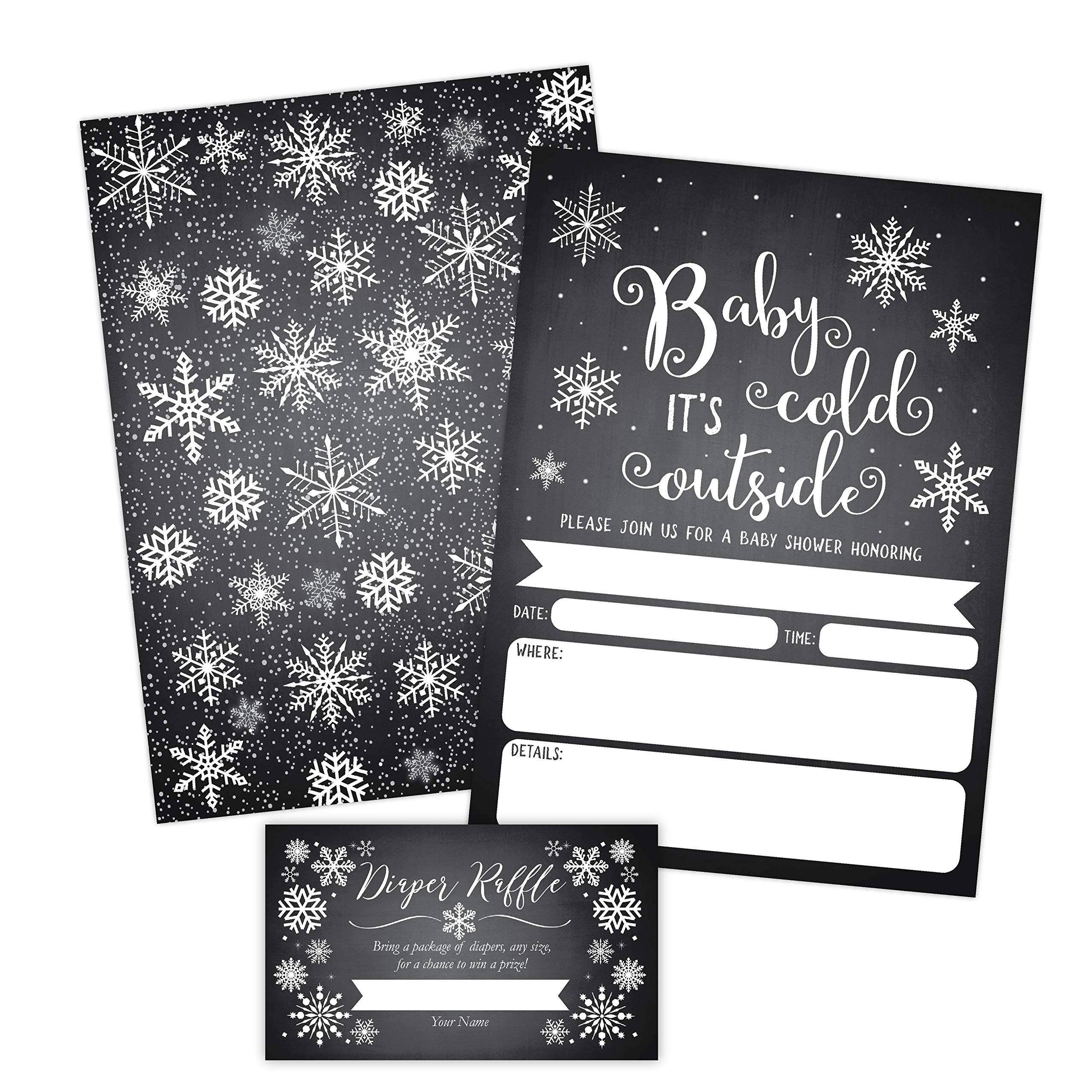 Your Main Event Prints Baby It's Cold Outside Invite, Snowflake Baby Shower Invitation, Christmas Winter Wonderland Baby Shower Invites and Diaper Raffles, 20 Fill in Invitations and Envelopes