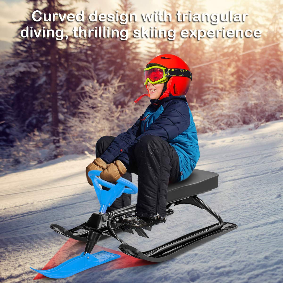 Goplus Steering Ski Snow Racer Sled with Twin Brakes, Steel Frame and High Density HDPE Sledge for Teens and Kids Age 3 and Up (Blue)