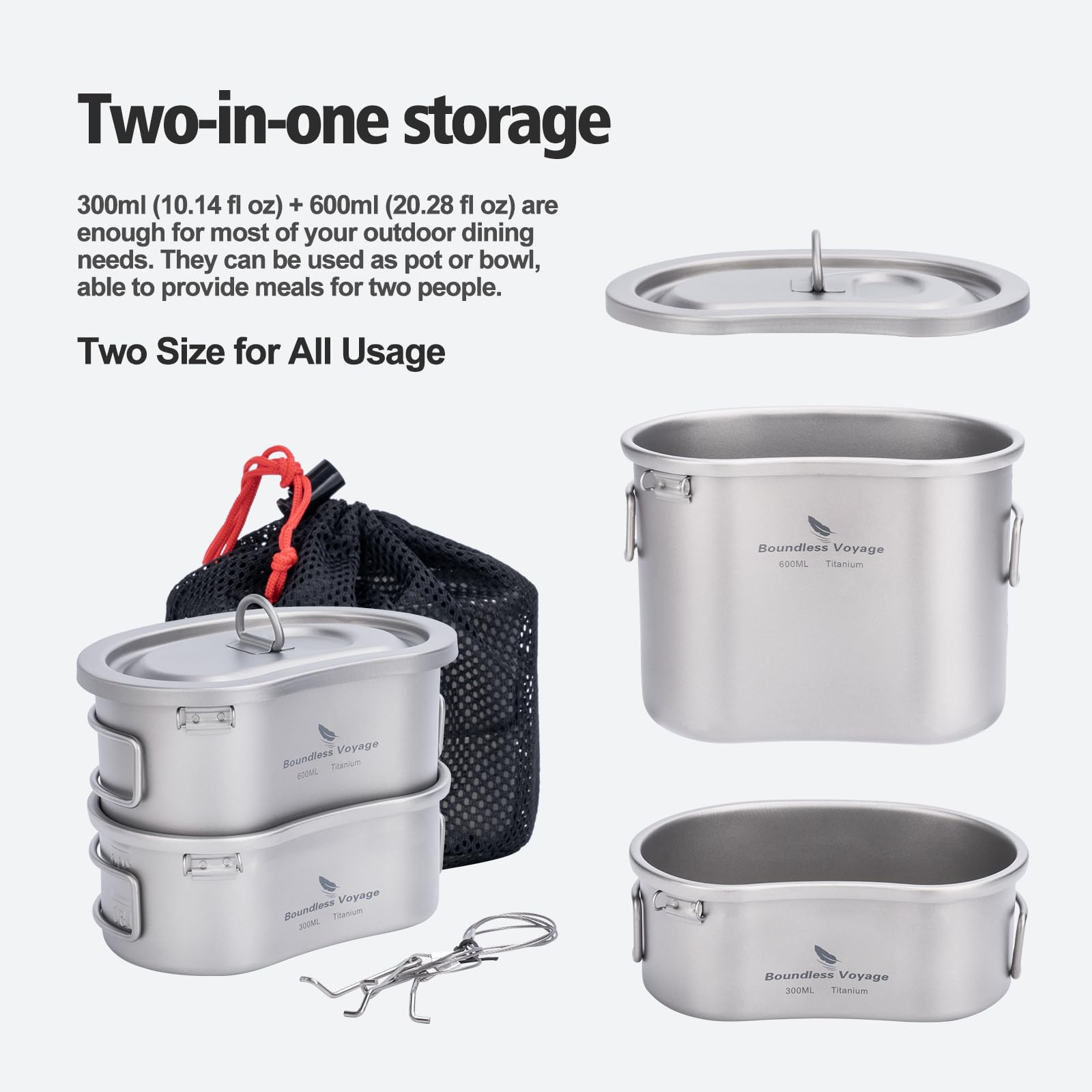 iBasingo 300ML & 600ML Titanium Cup Set Canteen Mess Kit with Folding Handle Hanging Ring Ultralight Portable Cookware for 1 Person Outdoor Camping Backpacking Hiking Small Lunch Box Ti2046C