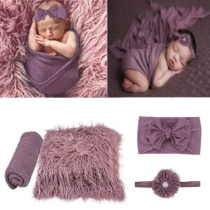 spokki 4 pcs newborn photography props outfits- baby long ripple wrap and toddler swaddle blankets photography mat with cute headbands for infant boys girls(0-12 months) (purple)