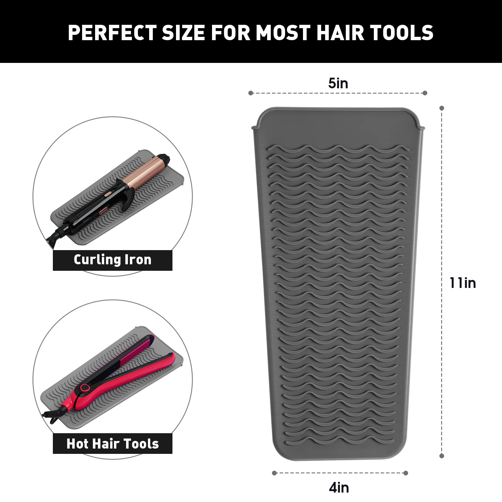 ZAXOP 2 Pack Heat Resistant Silicone Mat Pouch for Flat Iron, Curling Iron,Hair Straightener,Hair Curling Wands,Hot Hair Tools (Grey&Grey)