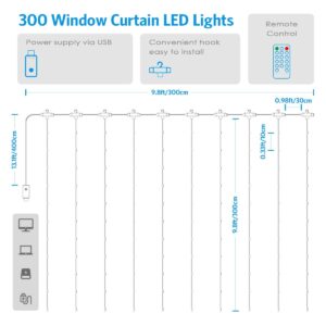 TDA Curtain String Light, 300 LED USB Powered Window Curtain String Light Outdoor Indoor Decorative for Christmas, Holiday, Party, Wedding, Garden, Patio Decoration (Cool White)