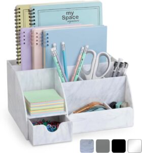 marble desk organizer for office supplies and accessories - 9 sections - pencil pen holder storage - desktop organization decor essentials (white grey marble)
