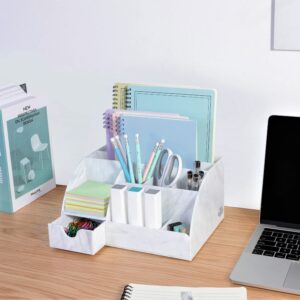 Marble Desk Organizer For Office Supplies And Accessories - 9 Sections - Pencil Pen Holder Storage - Desktop Organization Decor Essentials (White Grey Marble)