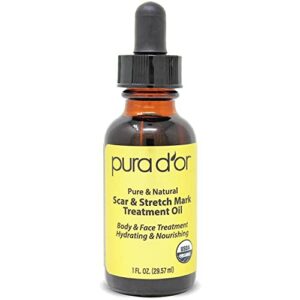 pura d'or organic scar & stretch mark treatment oil (1oz) for skin - with rosehip, wheat germ, argan, tamanu, carrot, rosemary, lavender, geranium, patchouli, sage