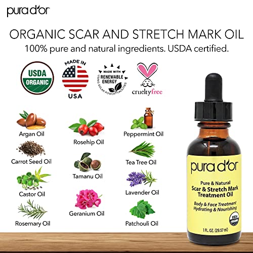 PURA D'OR Organic Scar & Stretch Mark Treatment Oil (1oz) For Skin - With Rosehip, Wheat Germ, Argan, Tamanu, Carrot, Rosemary, Lavender, Geranium, Patchouli, Sage