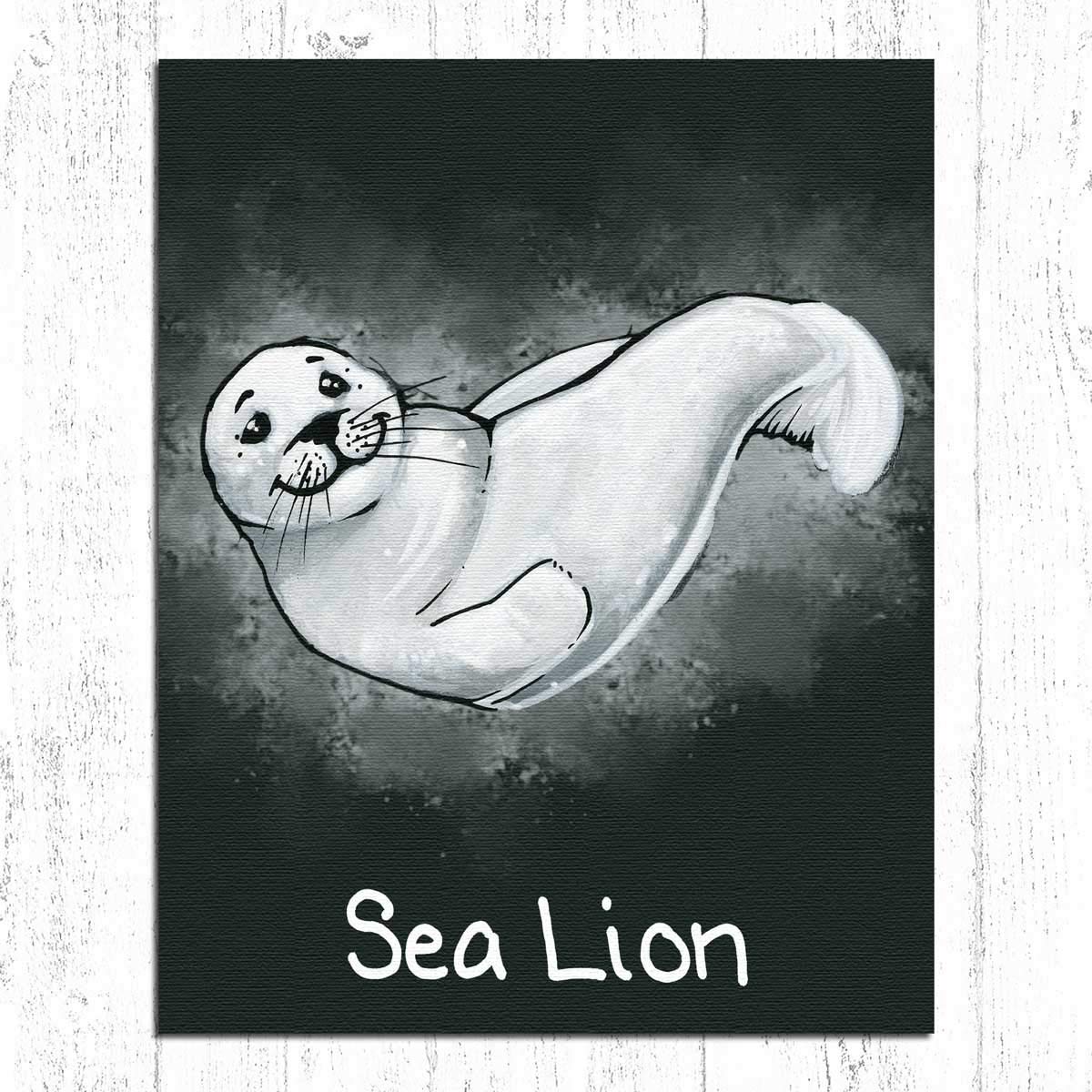 Ocean Animal Canvas Wall Print features Sea Lion Chalk Art, Unframed 8 by 10 Inch Print