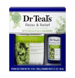 dr teal's eucalyptus epsom salt & foaming bath oil sampler gift set - give the gift of rejuvenation & self care! - 14 oz bag of eucalyptus bath salts & 3 oz bottle of eucalyptus foaming bath oil