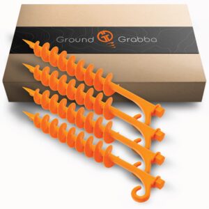 groundgrabba lite orange tent stakes - tent stakes for sand | screw in earth ground anchors for maximum grip and longevity in soft surfaces - 4 pack