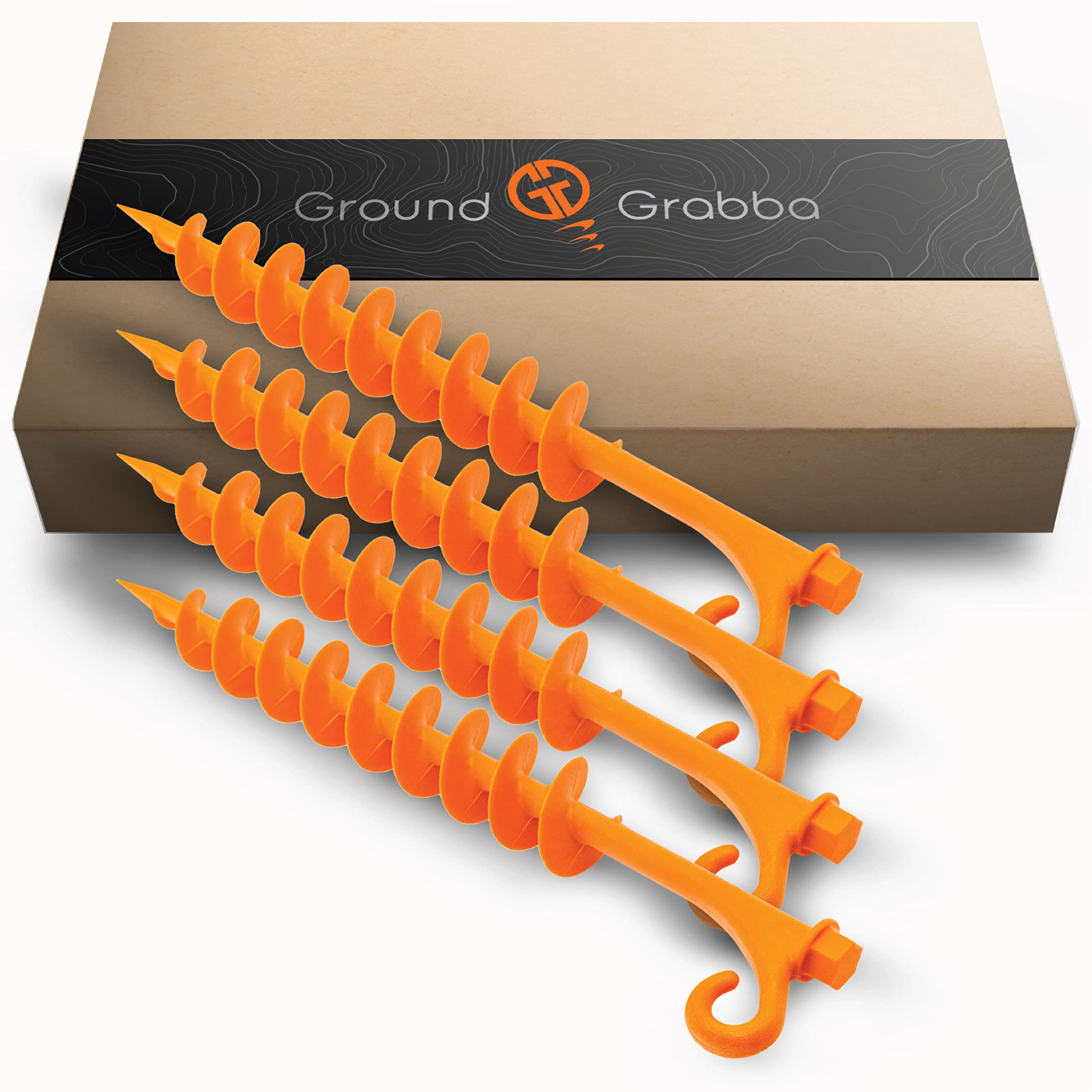 GROUNDGRABBA Lite Orange Tent Stakes - Tent Stakes for Sand | Screw in Earth Ground Anchors for Maximum Grip and Longevity in Soft Surfaces - 4 Pack