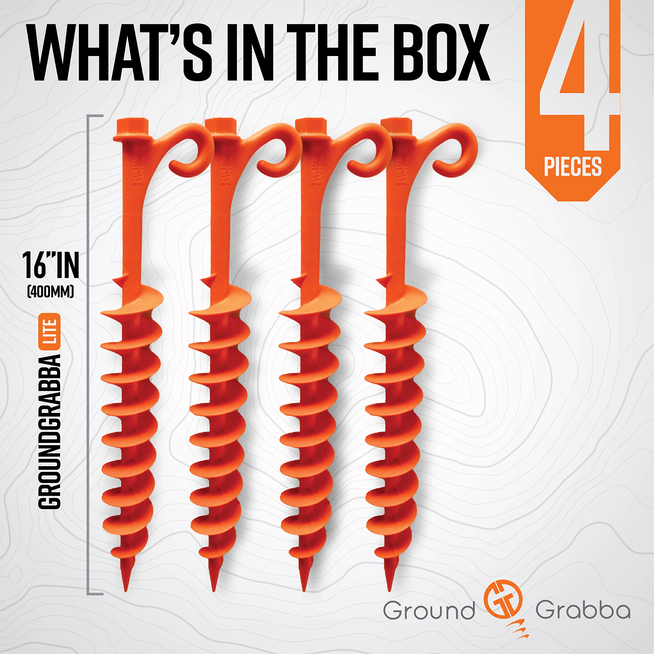 GROUNDGRABBA Lite Orange Tent Stakes - Tent Stakes for Sand | Screw in Earth Ground Anchors for Maximum Grip and Longevity in Soft Surfaces - 4 Pack