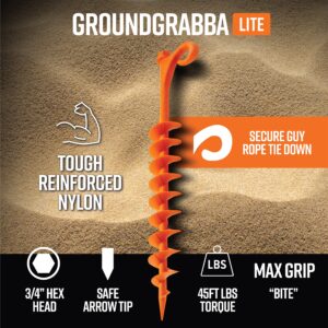 GROUNDGRABBA Lite Orange Tent Stakes - Tent Stakes for Sand | Screw in Earth Ground Anchors for Maximum Grip and Longevity in Soft Surfaces - 4 Pack