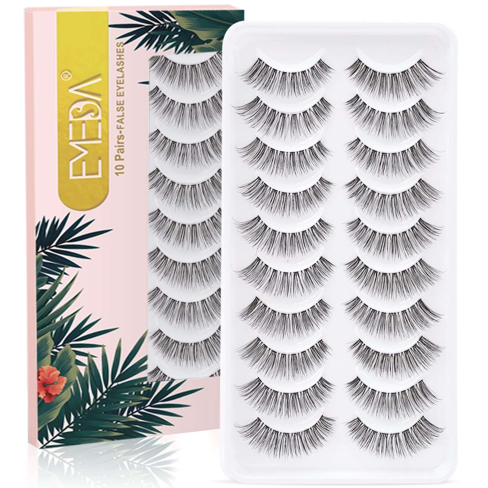 EMEDA False Eyelashes Natural Look 10 Pairs Invisible Band 3D Demi Wispies 12mm Medium Fake Lashes Small Face Eyelashes 100% Handmade Lashes Soft Eye Lash Clear Band Eyelash 1 Pack 005 Style Lashes