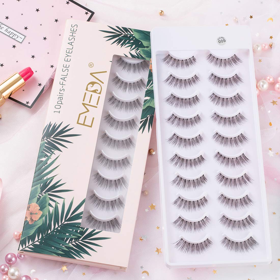 EMEDA False Eyelashes Natural Look 10 Pairs Invisible Band 3D Demi Wispies 12mm Medium Fake Lashes Small Face Eyelashes 100% Handmade Lashes Soft Eye Lash Clear Band Eyelash 1 Pack 005 Style Lashes