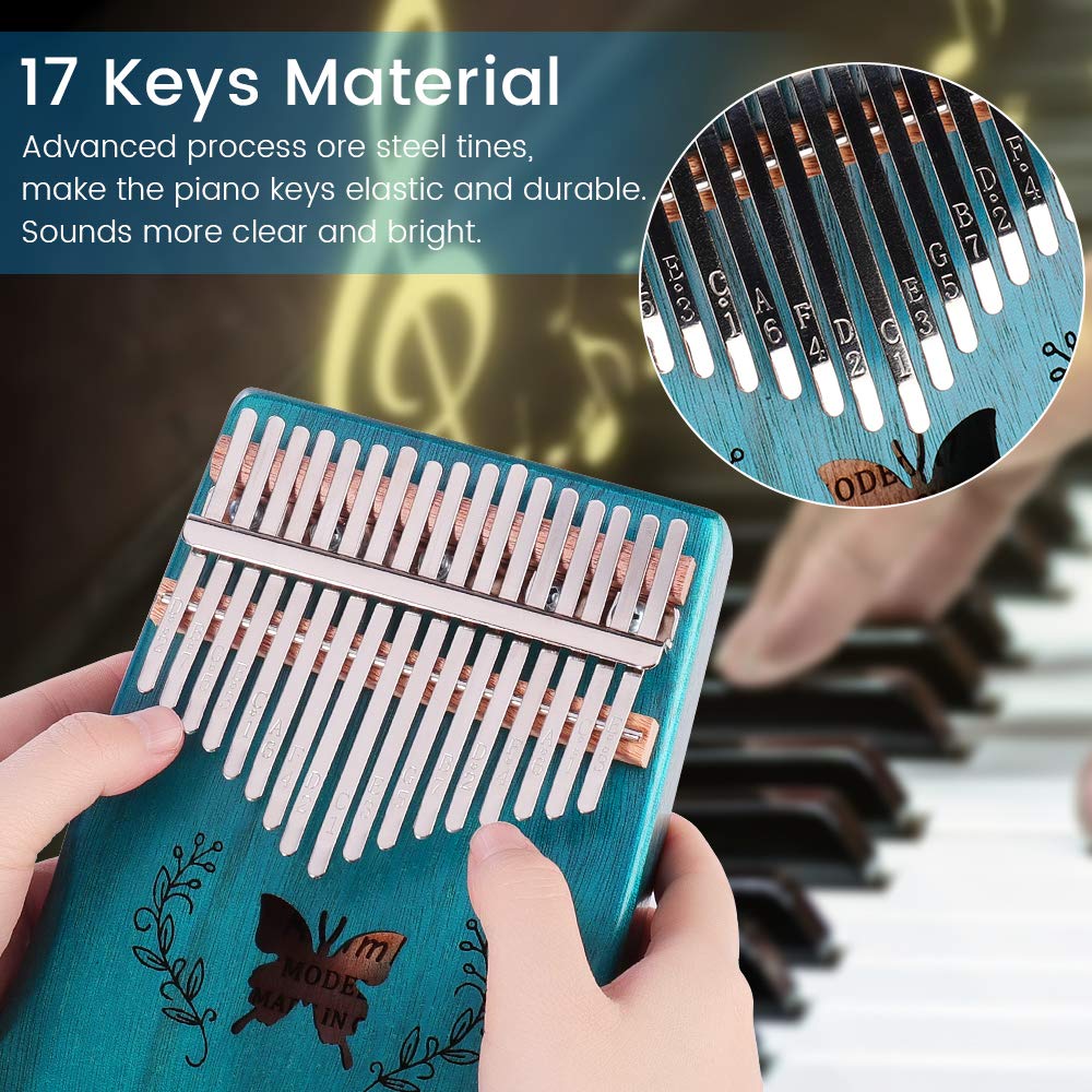 ELE ELEOPTION Kalimba 17 Keys Thumb Piano with Mahogany body builts-in Storage Canvas Bag, Tuning Hammer and Study Instruction 9 pieces-Professional Gift for Music Lovers Kids Beginners - Butterfly