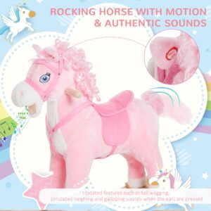 Qaba Kids Ride on Rocking Horse Toddler Plush Toy with Realistic Sounds and Swinging Tail for 3 Years Old Children