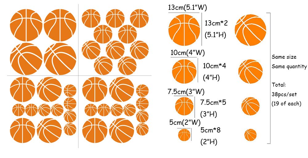 JUEKUI Set of 38pcs Basketball Sticker Wall Decals for Kids Rooms Bedroom Basketballer Fans Home Decor 5 inch / 4 inch / 3 inch / 2 inch (Orange)