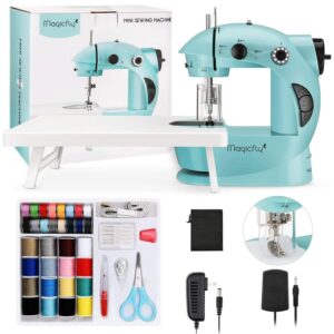 magicfly mini sewing machine with extension table, dual speed portable sewing machine for beginners with light, sewing kit for household use, blue