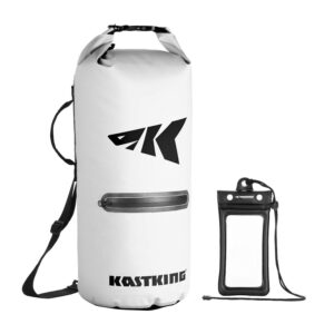 kastking cyclone seal dry bag - 100% waterproof bag with phone case front zippered pocket,perfect for beach,fishing,kayaking,boating,hiking,camping,biking,skiing,white,20l