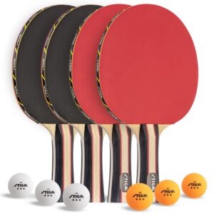 stiga performance 4 player ping pong paddle set of 4 – table tennis rackets, 6 – 3 star orange and white balls