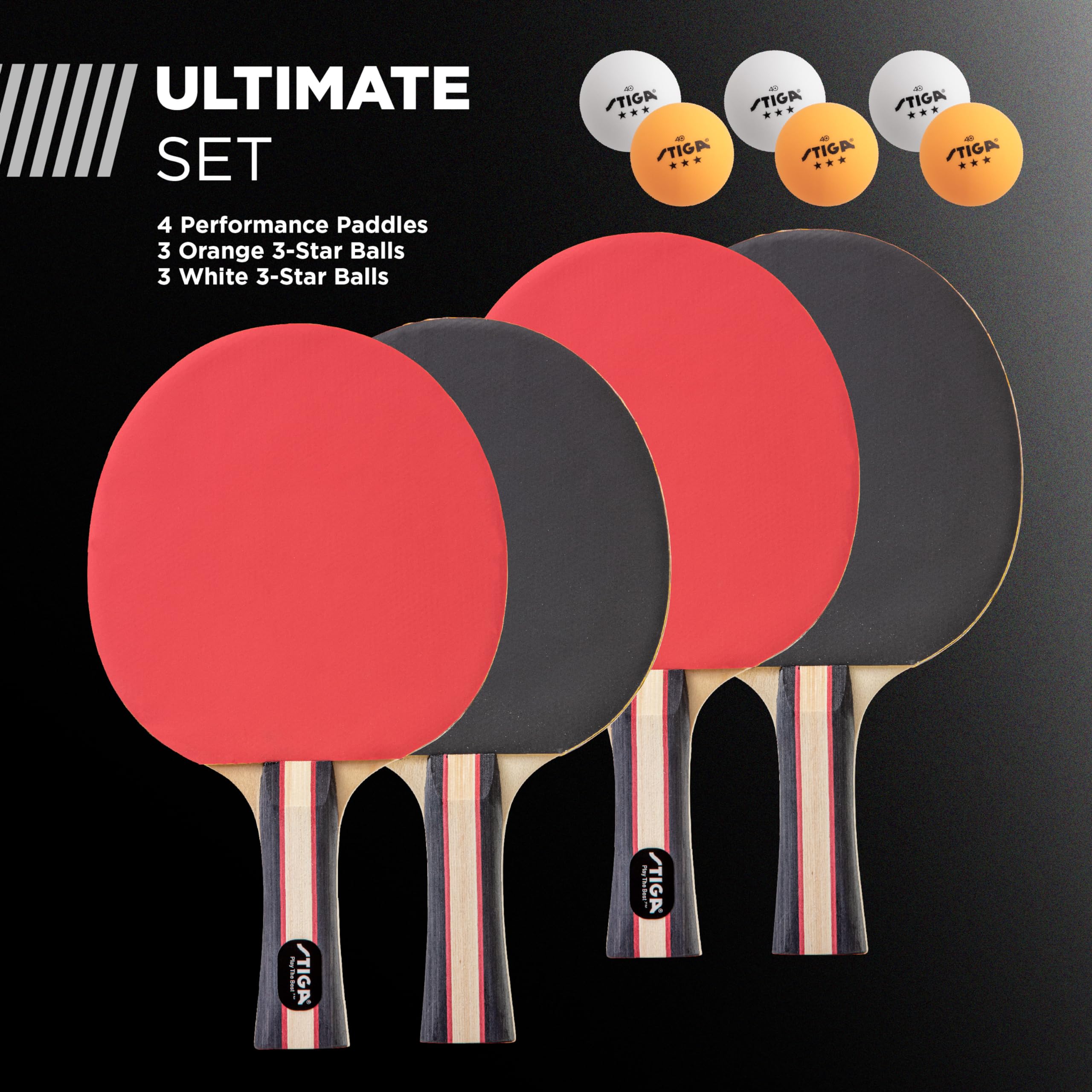 STIGA Performance 4 Player Ping Pong Paddle Set of 4 – Table Tennis Rackets, 6 – 3 Star Orange and White Balls