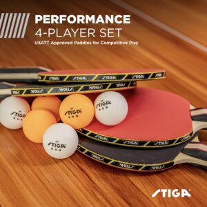 STIGA Performance 4 Player Ping Pong Paddle Set of 4 – Table Tennis Rackets, 6 – 3 Star Orange and White Balls