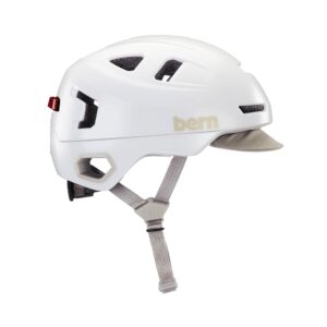 bern hudson commuter bike helmet with mips, rated for e-bike, integrated led rear light and u-lock compatibility, mips satin white, medium